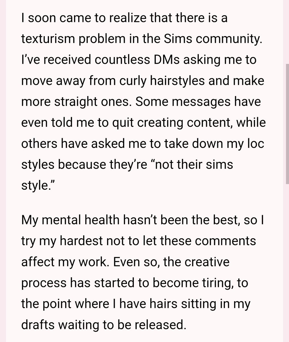 yourbumidea's tweet photo. One of my fav cc creators for textured hair put out a statement, and the part that has made me shocked is people who are telling her to switch to straight hair, quit and it's not their 'sims style'???? The audacity!!! They have said a lot more and you can go read for yourself but OMGG. There is an abundance of straight hair in the cc hair sphere, GO FIND THEM!!!! Have shame