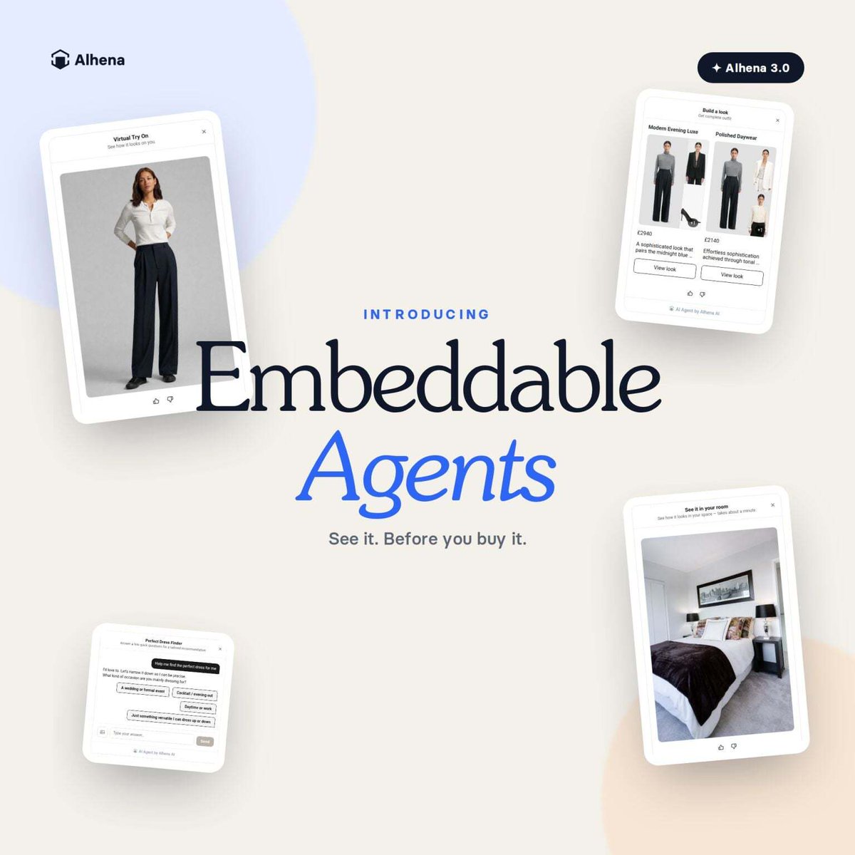 alhena_ai's tweet photo. Introducing Embeddable Agents.

The AI agents your shoppers already know from chat now live directly on the product page, at the exact moment where decision is made.

Starting today, our AI agents move beyond the chat window and directly onto the product page, helping customers exactly where buying decisions are made.

Whether it's trying on a product, building an outfit, seeing furniture in a room, or finding the right product, each experience is purpose-built for that moment. When shoppers need more help, the conversation continues seamlessly in chat.

Bringing the experience right next to your products.

Welcome to Alhena 3.0 🚀