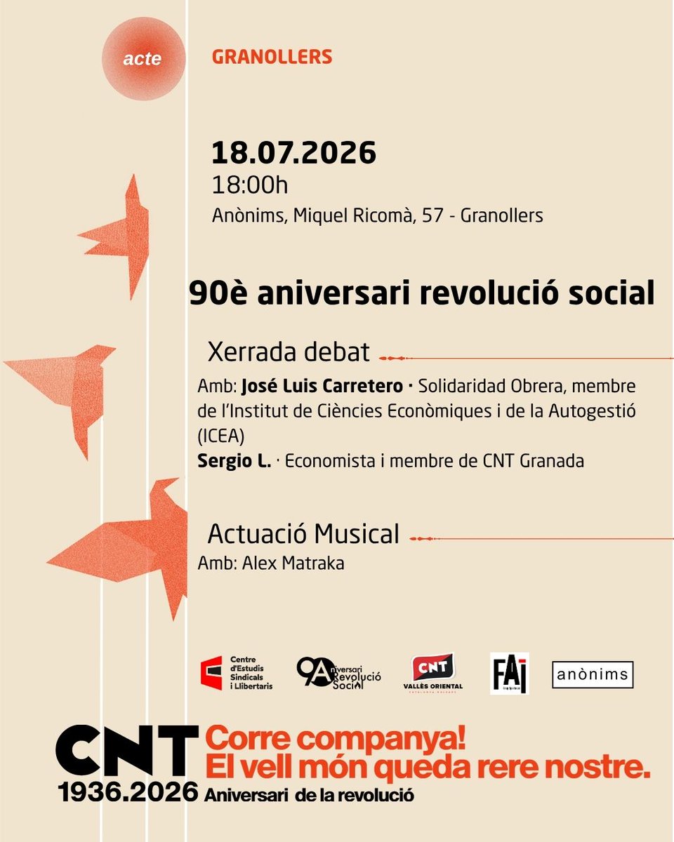 CNTValles's tweet photo. El 18 de juliol la CNT del Vallès Oriental, el Grup Spartacus-FAI, el Centre d’Estudis Sindicals i Llibertaris i l’Anònims de Granollers organitzen un acte per celebrar el 90è aniversari de la revolució social.

Informació completa aquí 👇

https://t.co/QKXhsDWZMT https://t.co/okQxsrKGop