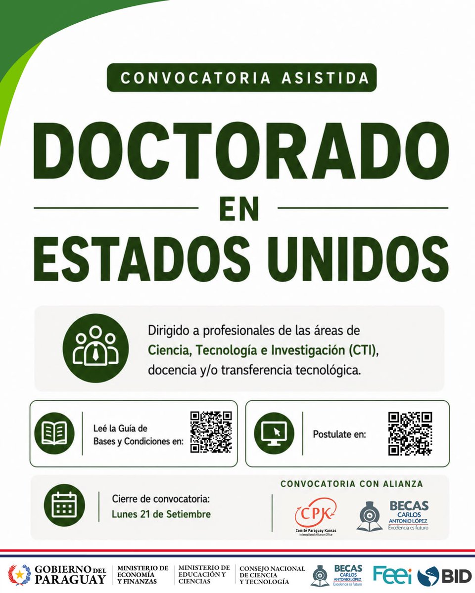 becalpy's tweet photo. 🔔#BECAL abre la convocatoria a becas para cursar programas de Doctorado en Estados Unidos 🇺🇸, en convenio con el @ComitePyKansas 

🔸La Guía de Bases y Condiciones está disponible en: https://t.co/lHPk3vCT2v

📰 Leé más: https://t.co/YBT2aPNX3V https://t.co/9YKJbyxAe0