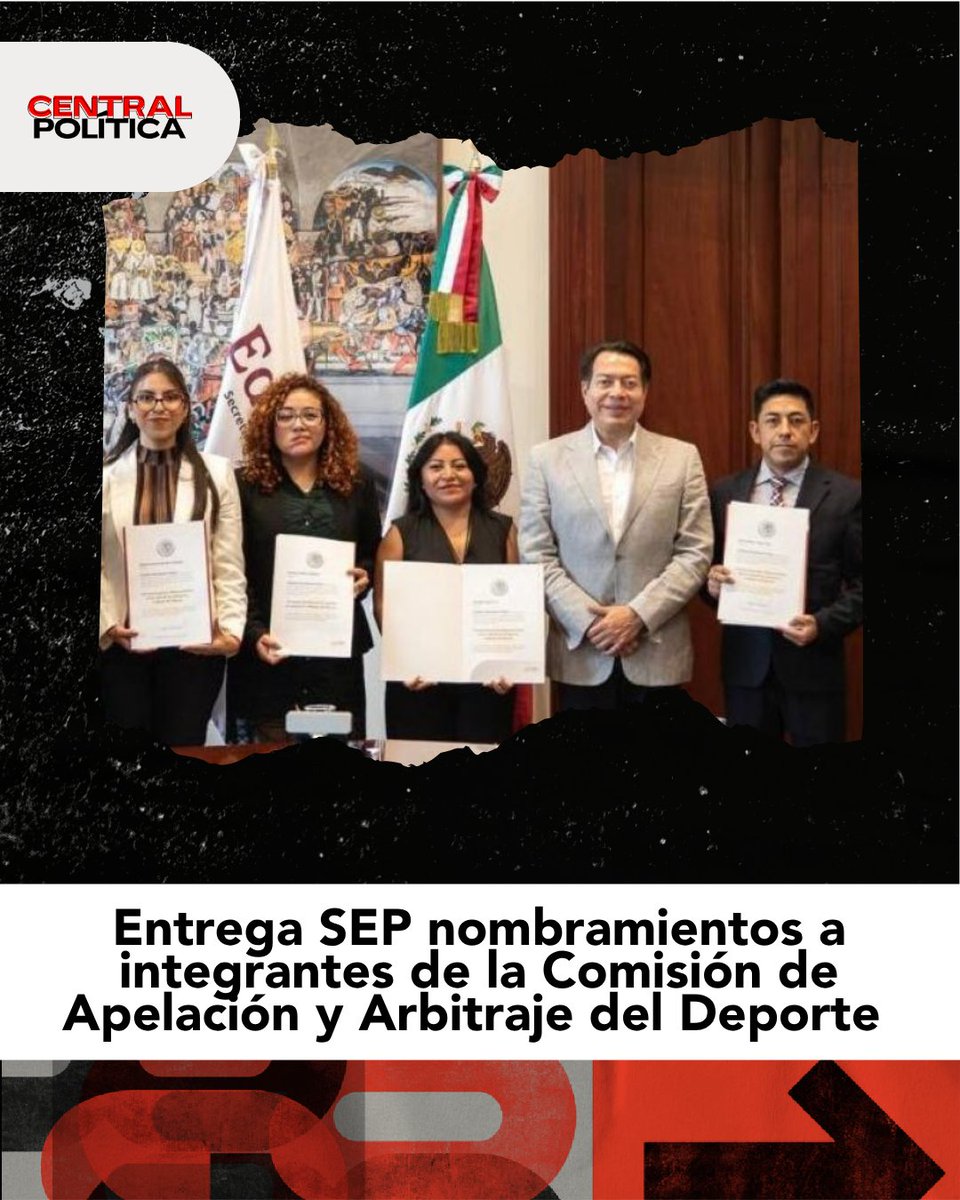 CentrlPolitica's tweet photo. 🏛️🏅 El secretario de Educación Pública, Mario Delgado Carrillo, encabezó la entrega de nombramientos a las y los nuevos integrantes de la Comisión de Apelación y Arbitraje del Deporte.

Las designaciones fueron realizadas por la presidenta Claudia Sheinbaum para un periodo de tres años, con posibilidad de reelección por un ciclo adicional.
La CAAD es el órgano encargado de impartir justicia administrativa y resolver controversias jurídico-deportivas de manera autónoma. ⚖️🏆

#Deporte #SEP #CAAD