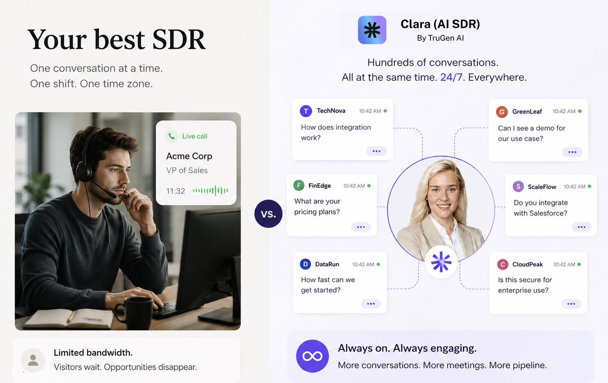 ClaraAISDR's tweet photo. Your best SDR can handle one conversation.

Clara can handle hundreds.

At the same time.

24/7.

Without making visitors wait until Monday morning.

This isn't about replacing SDRs.

It's about making sure your best reps spend their time closing opportunities, not qualifying the ones that almost disappeared.

#Sales #AISDR #RevOps