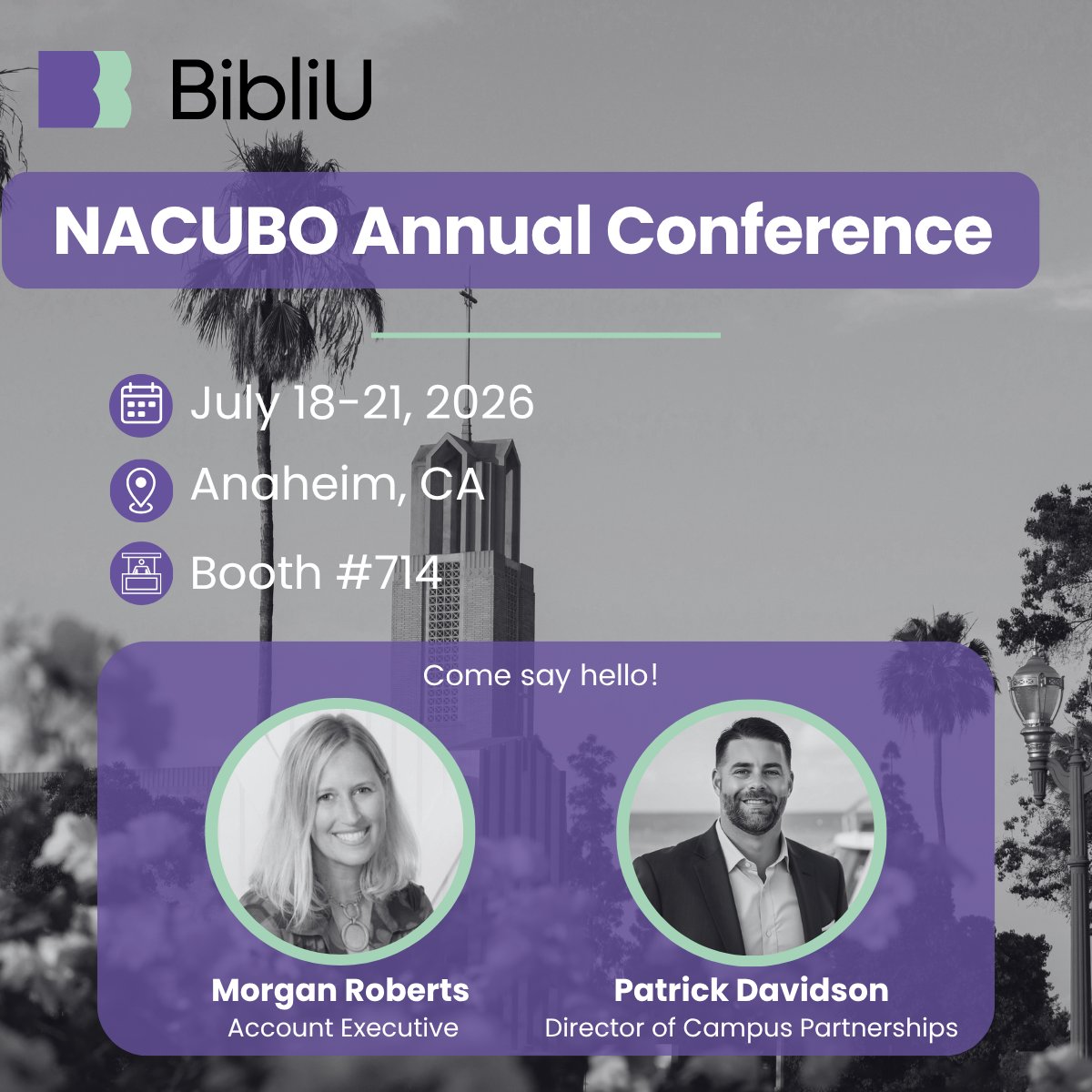 BibliUSocial's tweet photo. Anaheim, we'll see you soon. ☀️

BibliU is heading to the @NACUBO Annual Conference to talk about what business officers care about: making Day 1 course materials affordable and making campus operations easier.

Find us at Booth #714 or schedule a meeting: https://t.co/8EkWF5Mzrc https://t.co/cu9vZ4sFsf