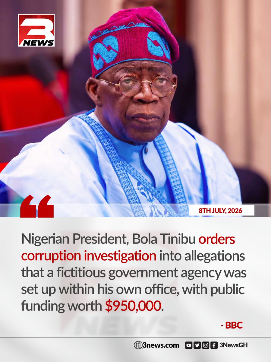tv3_ghana's tweet photo. Nigerian President Bola Tinubu has ordered an anti-corruption investigation into allegations that a fictitious government agency was set up within his own office, with public funding of $950,000.

Police forensic analysis reportedly found that the appointment letter creating the Presidential Foreign Intervention Promotion Council (PFIPC) had been forged. 

A manhunt is underway for Adeniyi Adeyemi Matthew, who presented himself as the council's director general.

#3NewsGH #TV3GH