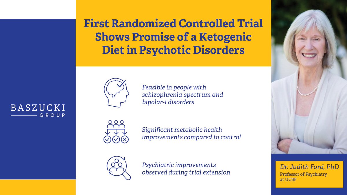 BaszuckiGroup's tweet photo. New findings published today in Schizophrenia Bulletin report results from the first randomized controlled trial of ketogenic therapy in people living with psychotic disorders, offering encouraging early evidence.

Led by researchers at @UCSF, including Judith Ford, PhD, Samantha Abram, PhD, Juliette Kyner, and colleagues, the study enrolled participants with schizophrenia-spectrum or bipolar I disorders. The trial, partly funded by Baszucki Group, found rapid metabolic improvements with a ketogenic diet compared to diet-as-usual during an initial one-month open-label RCT phase. Participants who continued in the optional four-month extension saw additional gains across metabolic, psychiatric, and cognitive measures.

“This study adds to a growing body of evidence suggesting ketogenic therapy is a feasible and safe approach worth further investigation in serious mental illness,” said @janellison, co-founder and president of Baszucki Group. “Continued investment in rigorous scientific research will be important to better understand its potential and expand the scope of future studies.”

Read the press release: https://t.co/64j5R78zwj
Read the paper: https://t.co/At3tkFJdQk