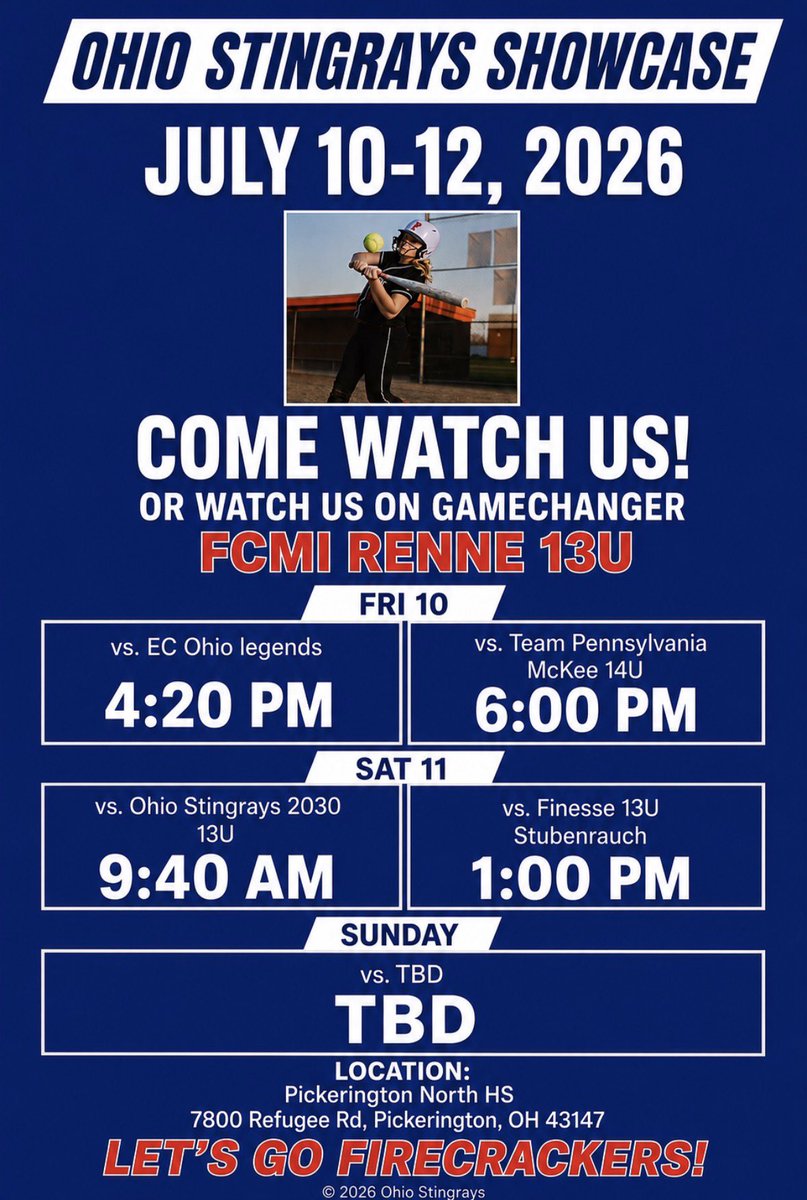 OliviaMack89250's tweet photo. Here is the scheduled for this weekend. Let’s go firecrackers 🧨 🥎
@chris_stelma @rittmanjohn @ShoMcDonald @SaraEmerich @Coach2K_OSU @coach_kgreen @TopPreps @SoftbalAmerica @CoastRecruitsSB @LineDsoftball @D1Softball @OhioBobcatSB @CoastalSoftball @YAthletesF @ExtraInningSB https://t.co/xg1RuP7HKz