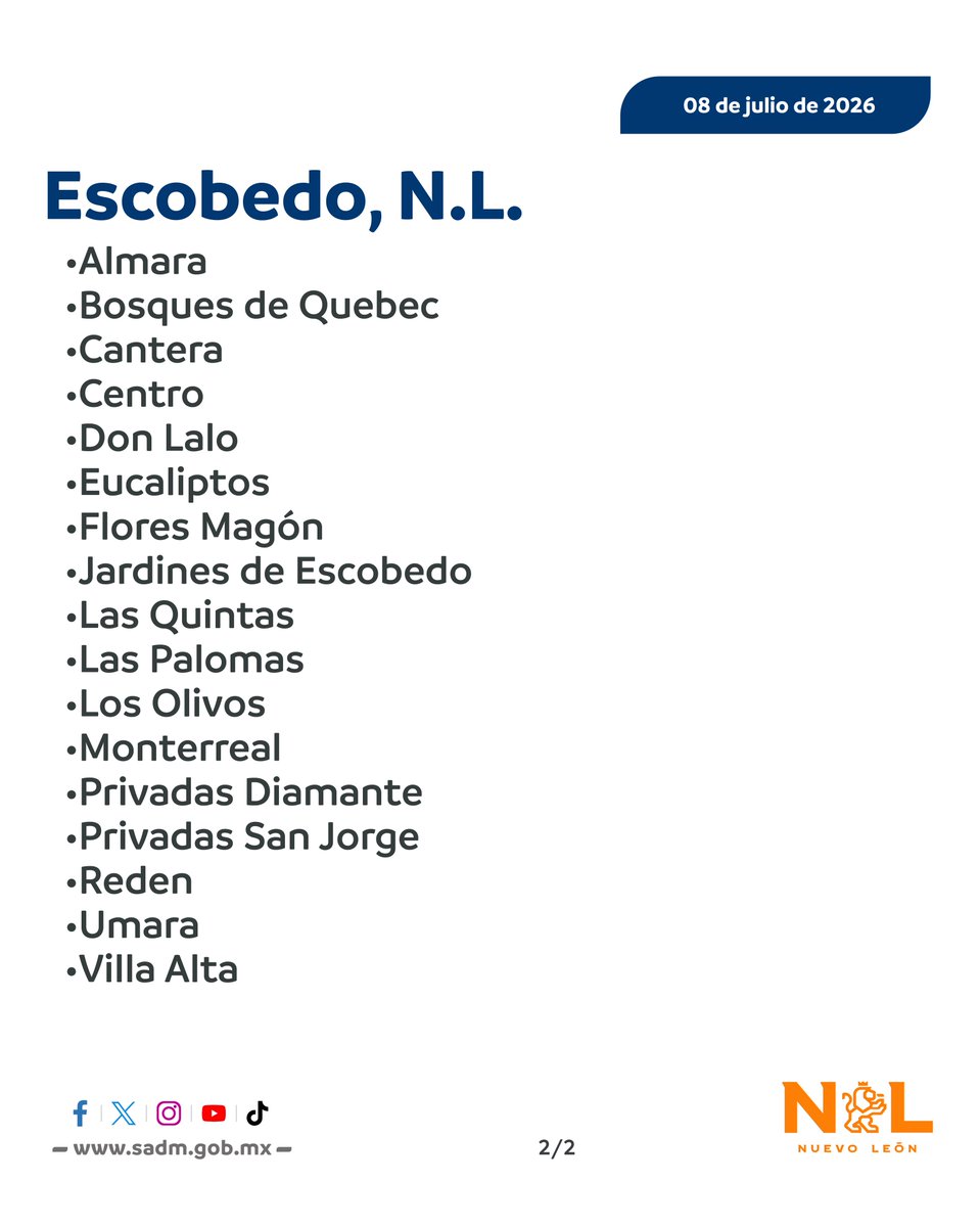 ayd_monterrey's tweet photo. ⚠️ ATENCIÓN USARIAS Y USUARIOS DE ESCOBEDO ⚠️

Mañana, jueves 9 de julio, realizaremos la sustitución de 31 metros de tubería en el centro de Escobedo para mejorar la presión y distribución del agua en el municipio.

Debido a estos trabajos, será necesario suspender temporalmente el servicio en algunas colonias.

Agradecemos su comprensión mientras llevamos a cabo estas maniobras para brindarles un mejor servicio. ¡Seguiremos informando!