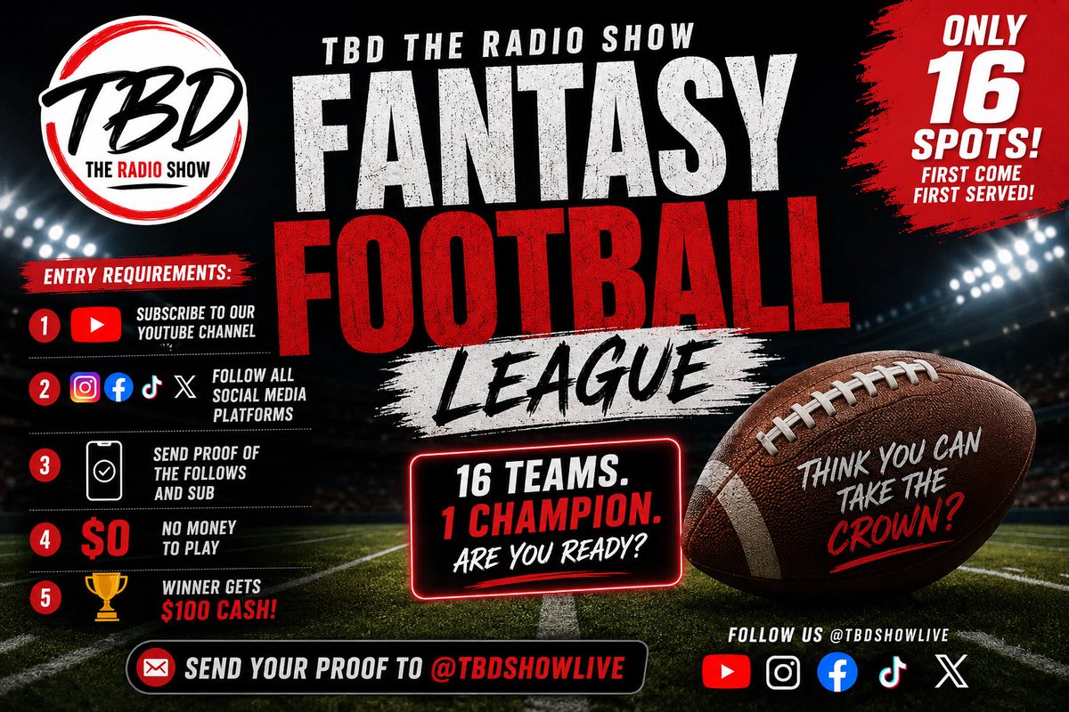 Polo4Ever77's tweet photo. 🚨 TBD Nation… it’s GAME TIME! 🏈

The 1st Annual @tbdshowlive Fantasy Football League is officially open!

✅ FREE to play
🏆 $100 to the Champion
👥 Only 16 spots

To get in:
📺 Subscribe to our YouTube
📲 Follow TBD The Radio Show on ALL platforms
📸 DM proof of your sub & follows

First come. First served. Think you’ve got what it takes to beat @brandinreallife, Reggie & Myself?? 😈

#FantasyFootball #NFLFantasy #TBDTheRadioShow #TBDNation #TBDShowLive #NFL #Football #FantasyLeague #WinCash #FootballSeason