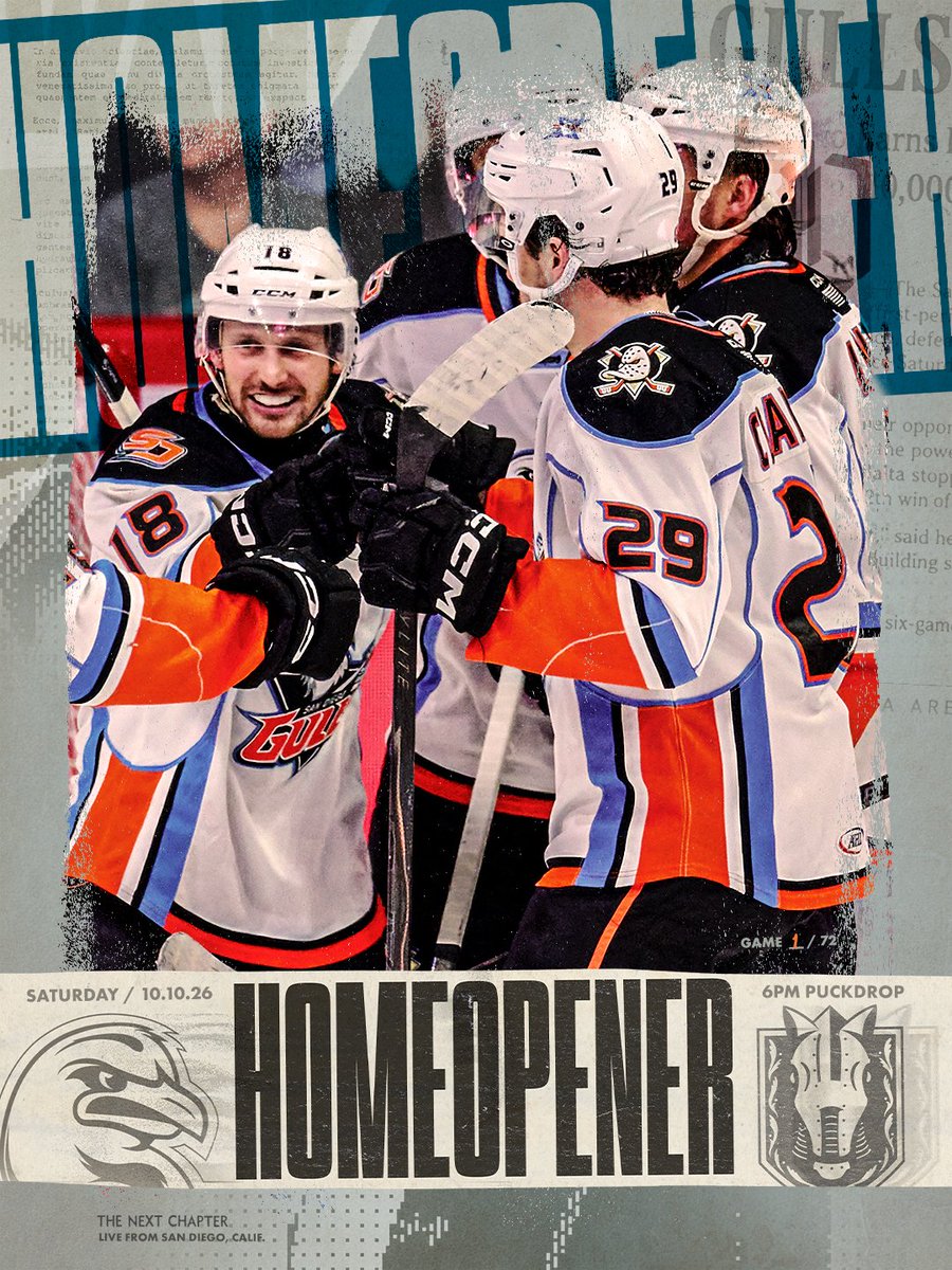 SDGullsAHL's tweet photo. Save 👏 the 👏 date !!

Our Home Opener is set for Saturday, October 10th at 6pm!! We can't wait to see you all back at @PechangaArenaSD!

Stay tuned tomorrow for another special announcement 👀 https://t.co/pqstgL4mvv