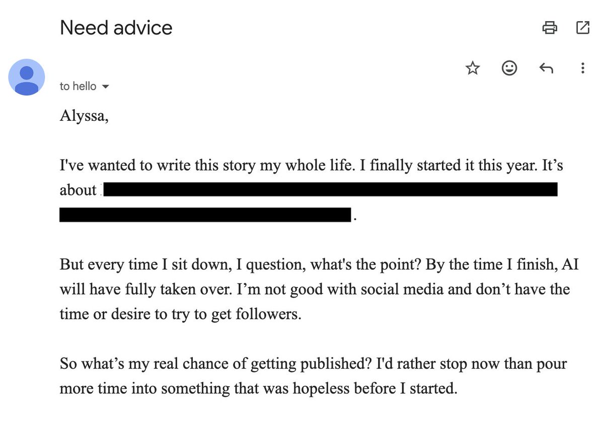 AlyssaMatesic's tweet photo. I recently got this email from a writer, and it broke my heart.

Their fears are things I hear from aspiring authors nearly every day:
☹️ AI is taking over
☹️ Publishers only want writers who are influencers
☹️ Literary fiction is dead

...so is it even worth writing a book in 2026?

In this week's video, I dig into whether these fears are warranted and what the data actually shows.

You might be surprised 👀

https://t.co/DXBpF349sS