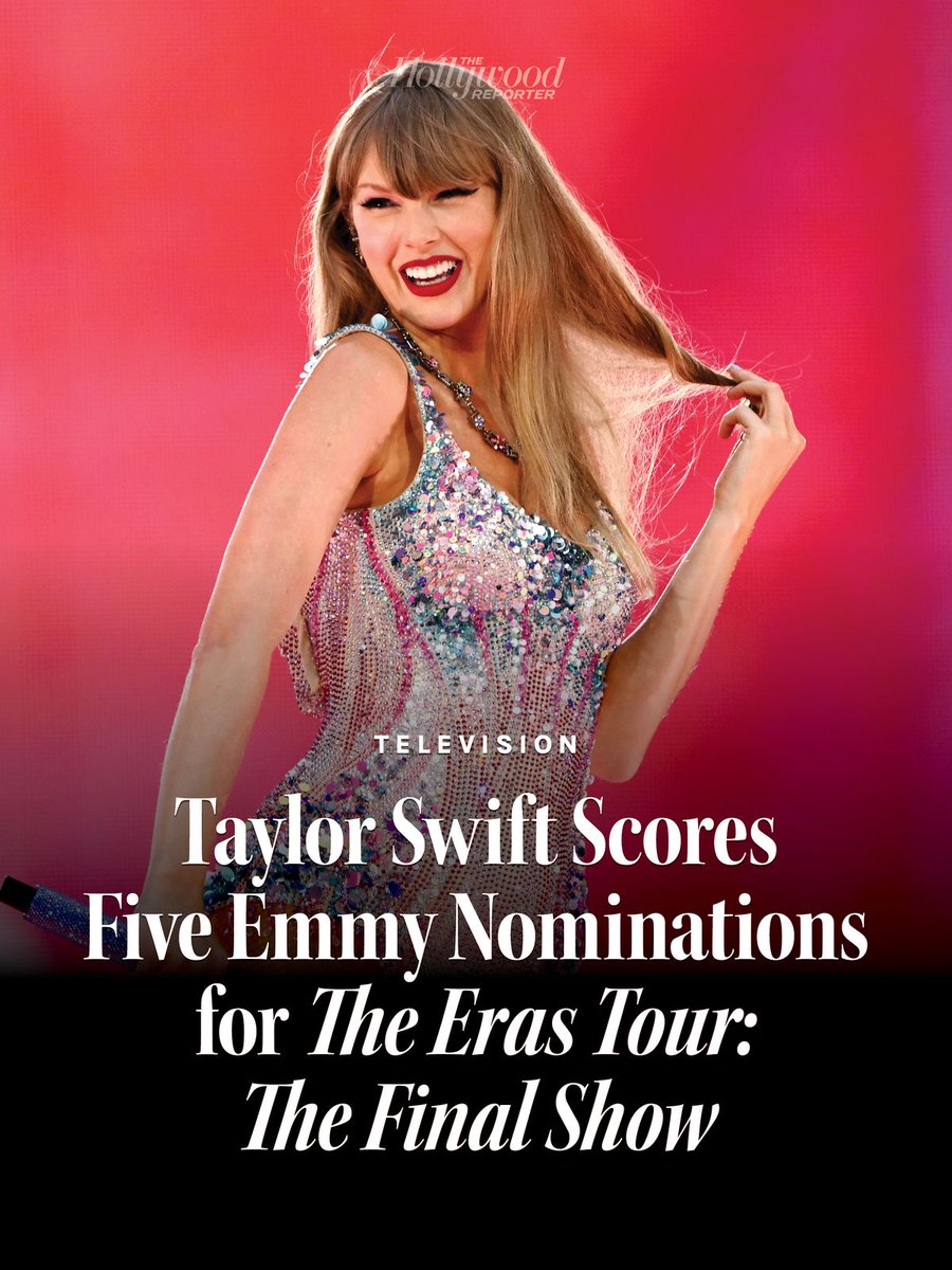 THR's tweet photo. 'Taylor Swift: The Eras Tour: The Final Show' received five nominations for the 2026 #Emmys: 

• best variety special (prerecorded) 
• best directing for a variety special (Glenn Weiss)
• outstanding picture editing for variety programming
• outstanding sound mixing for a variety series or special
• outstanding technical direction and camerawork for a special

https://t.co/Bw9R7ZMcix