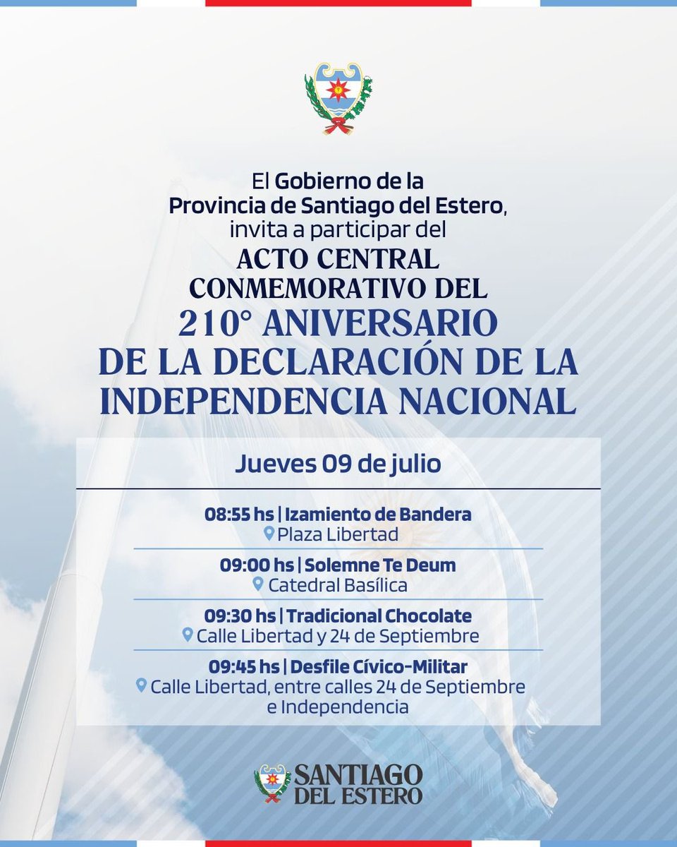GobiernoSDE's tweet photo. Los invitamos al acto central conmemorativo del 210° Aniversario de la Independencia Nacional 🇦🇷

Se realizará en la📍Plaza Libertad 

¡Los esperamos! https://t.co/hj6ZziEZqx