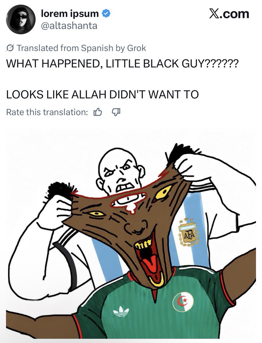 _xnes's tweet photo. yes the other countries have racism ongoing and we know say them anuh good people….. but it’s the fact that the argentinitians themselves aren’t even keeping it about the football. you’ll see other fans holding their mouths, but an argentinian? 

exhibit A: https://t.co/DCVCdeH6ff