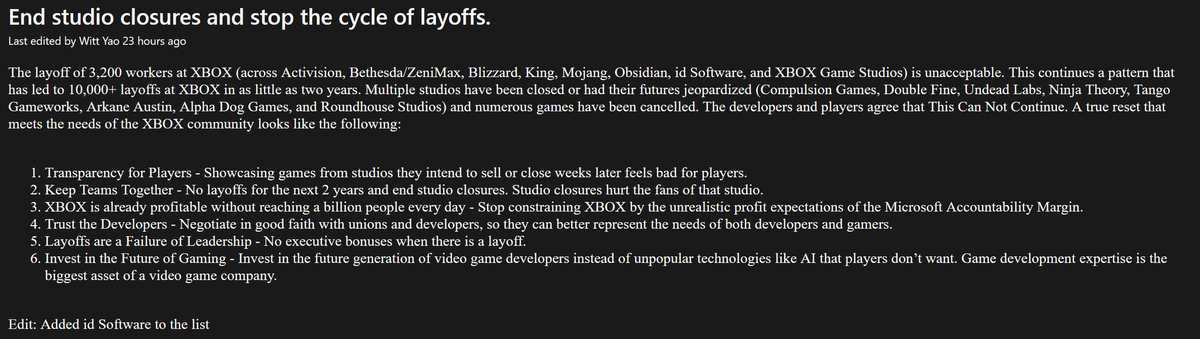 UESP_net's tweet photo. Bethesda employees have requested that you support this post on the Xbox feedback platform in response to the recent wave of annual layoffs. Please give it an upvote/supporting comment. https://t.co/3U4Er9q0RB https://t.co/wftU80gcrB