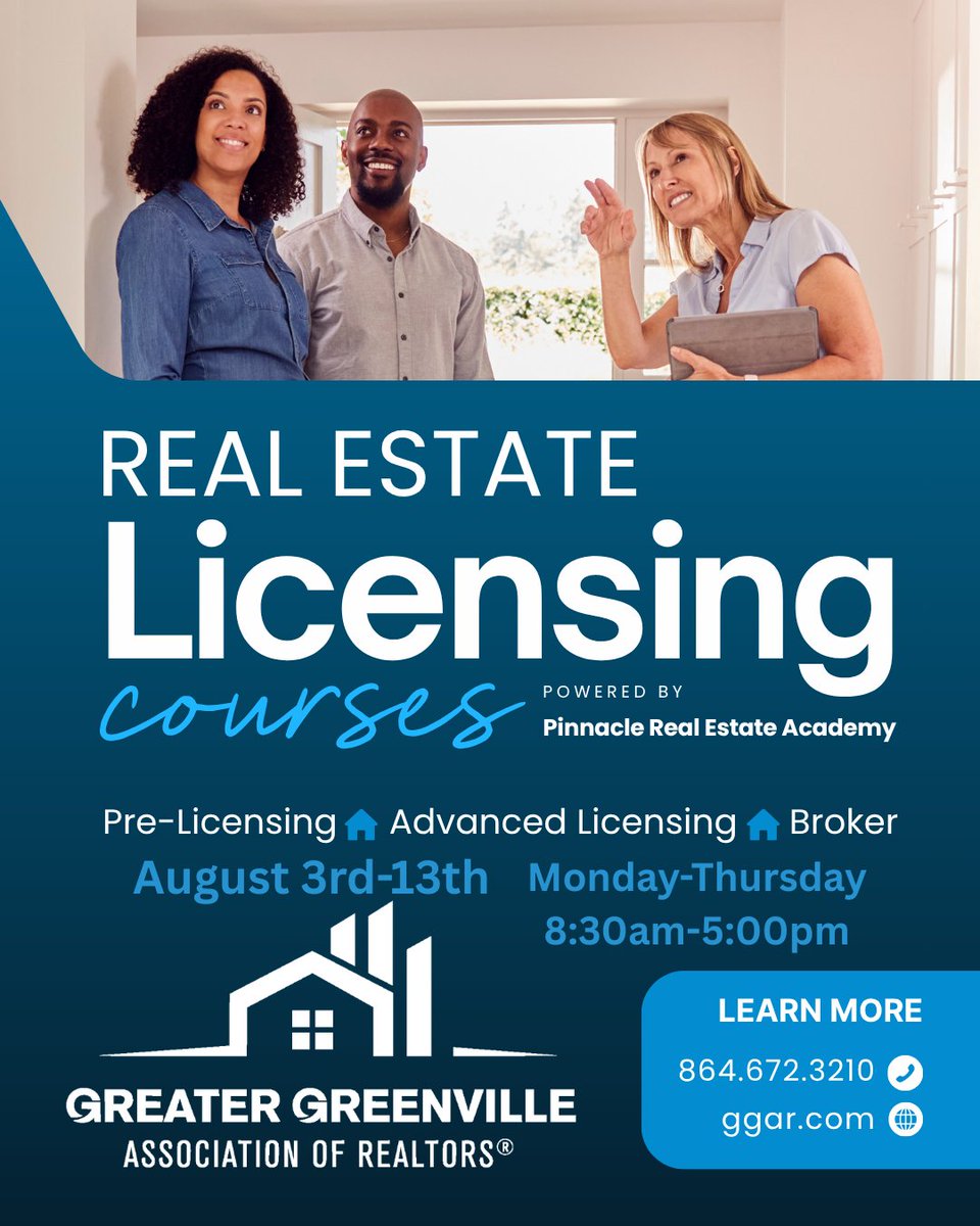 GGARonline's tweet photo. Thinking about getting your real estate license!  The Greater Greenville Association of REALOTRS® now offers in-person licensing classes.  Find more information at https://t.co/WkqRvVlAsM https://t.co/3fvr1fZCIZ