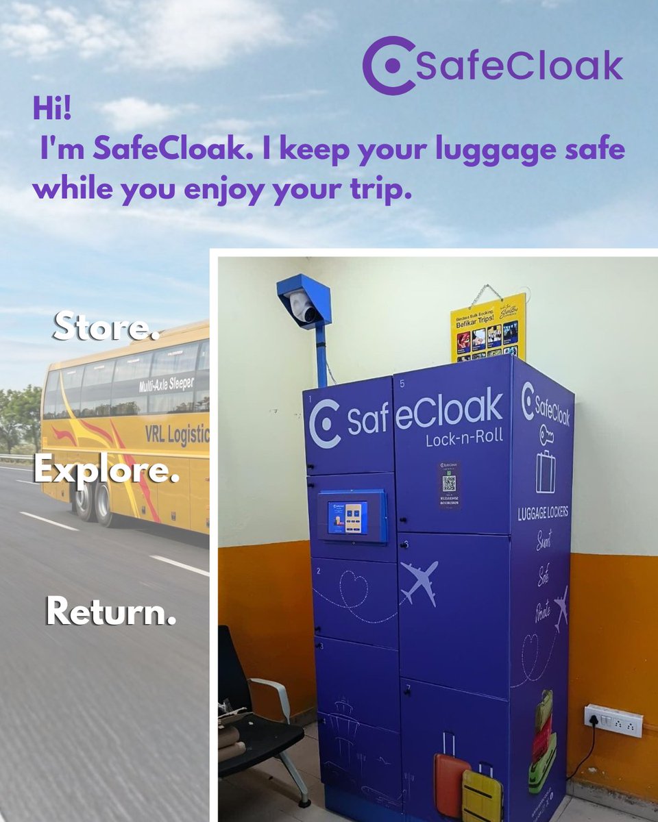 safecloak's tweet photo. #SafeCloak #SmartLockers are now live at #VRL #BusTerminal, #Hyderabad.
Arrived early or exploring the city before your bus? #Storeyourluggage securely and #travel #handsfree.
🔒 Secure Smart Lockers
📱 OTP Access
🧳 Travel Light. Explore More.
#TravelLight #LuggageStorage https://t.co/u9PJOxg5Po
