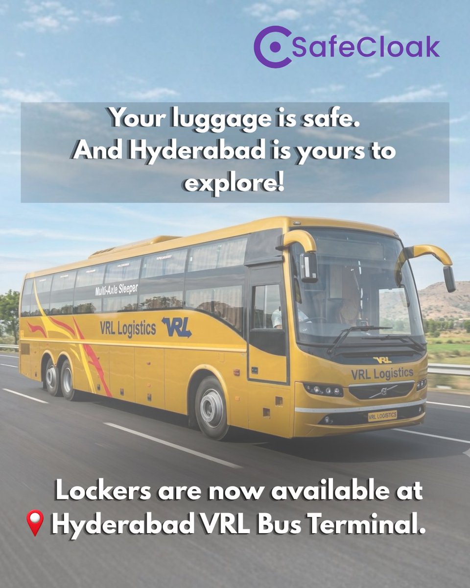 safecloak's tweet photo. #SafeCloak #SmartLockers are now live at #VRL #BusTerminal, #Hyderabad.
Arrived early or exploring the city before your bus? #Storeyourluggage securely and #travel #handsfree.
🔒 Secure Smart Lockers
📱 OTP Access
🧳 Travel Light. Explore More.
#TravelLight #LuggageStorage https://t.co/u9PJOxg5Po