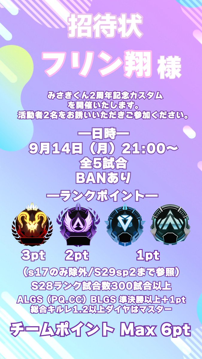 Flynn_Sho's tweet photo. こんにちはみんな！！

みさきくん2周年カスタムに招待貰いました！一緒にお祝いしてくれるの方メンバー@2募集してます！😊

自分はマスター2ポイントなので、こちら探してます！リプor DMまでお願いします！！🌟

📌@1プレデター
📌@1ダイヤ/プラチナ

か

📌@2マスター

※先着順ではありません！！ https://t.co/R0jJNkPiRf