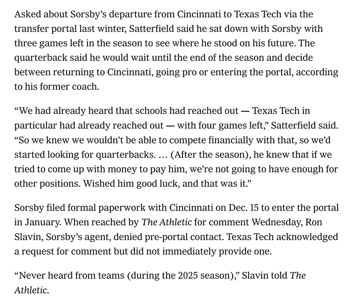 ChrisVannini's tweet photo. ✍️ New: Cincinnati coach Scott Satterfield tells @TheAthletic that Texas Tech was one of multiple schools to talk to Brendan Sorsby's camp before last season ended.

Sorsby's agent denied contact. Satterfield downplayed it having any role in the finish. 

https://t.co/7VoCz7VI4D https://t.co/Mtw5rhsZSe