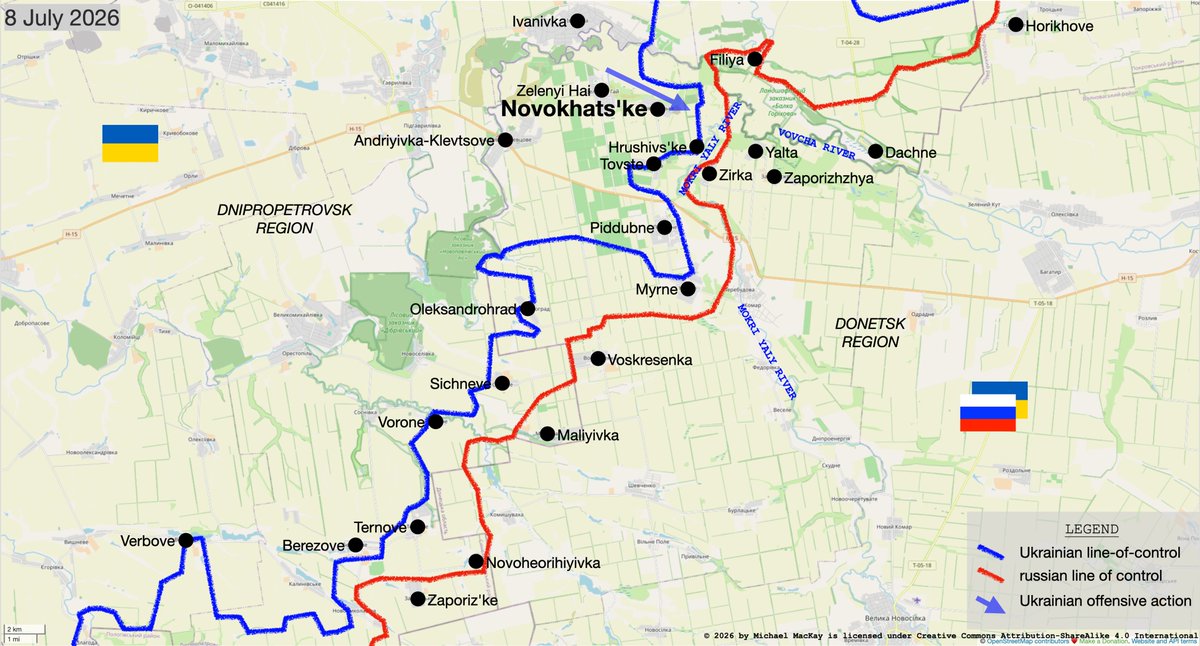 mhmck's tweet photo. Ukrainian defenders liberated the village of Novokhats'ke in Donetsk region, pushing the russian fascist invaders back to the confluence of the Mokri Yaly and Vovcha rivers. https://t.co/ePpa3Lxcfl