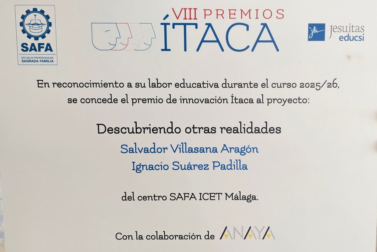 SAFAICET's tweet photo. Hoy nuestro centro ha sido reconocido por la @fundacionsafa en los #PremiosÍtaca a la innovación educativa por el proyecto interdisciplinar "Descubriendo otras realidades" en las materias de Lengua, Religión y Plástica, en el que hemos estado hermanados con el colegio... https://t.co/ax6BgjvI4L