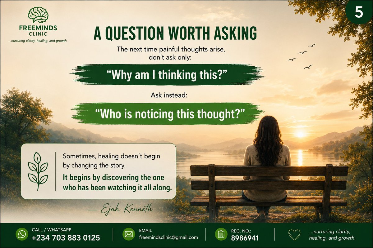 FreemindsClinic's tweet photo. Healing begins when we stop asking,

"Why am I thinking this?"

and start asking,

"Who is noticing this thought?"

Awareness creates space.

In that space, we find freedom.

👇 Swipe through.

#MentalHealth #Psychology #Healing #SelfAwareness #FreeMindsClinic https://t.co/K5rAGF8ffE