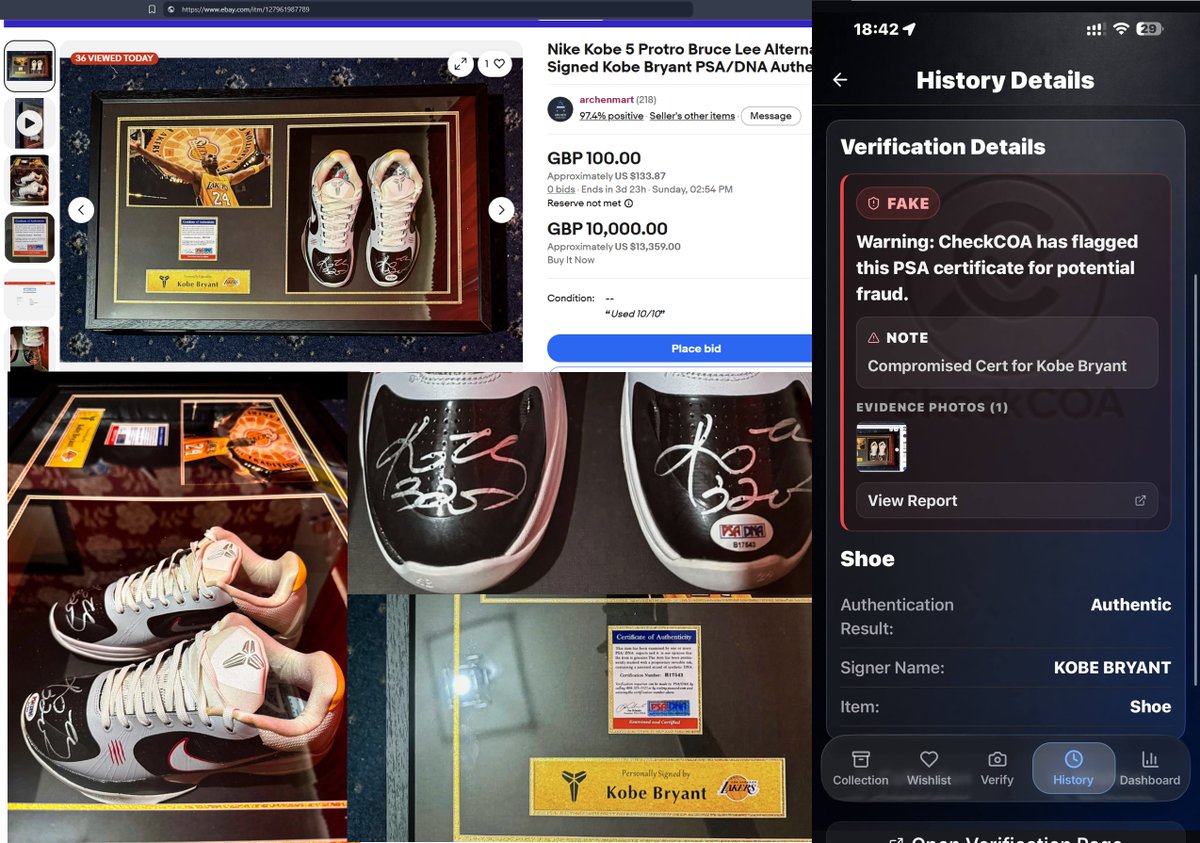 CheckCOA's tweet photo. Scammers are either running out of period-correct items to mass-produce fakes, or they’re just getting incredibly lazy. 

Case in point: a forged Kobe Bryant autograph on a pair of shoes that officially released 10 months after his tragic passing.
https://t.co/aHN30iG4vg
The @PSAcard  cert number used here is from the early 2000s, which makes the whole setup even more ridiculous.

Do your homework, verify the cert, and check it on https://t.co/H9Sy5EGjFM before you buy so you don’t get caught in a scam.
#FakeAutographs #FakeCOA #AutographScam
#SportsMemorabilia #KobeBryant