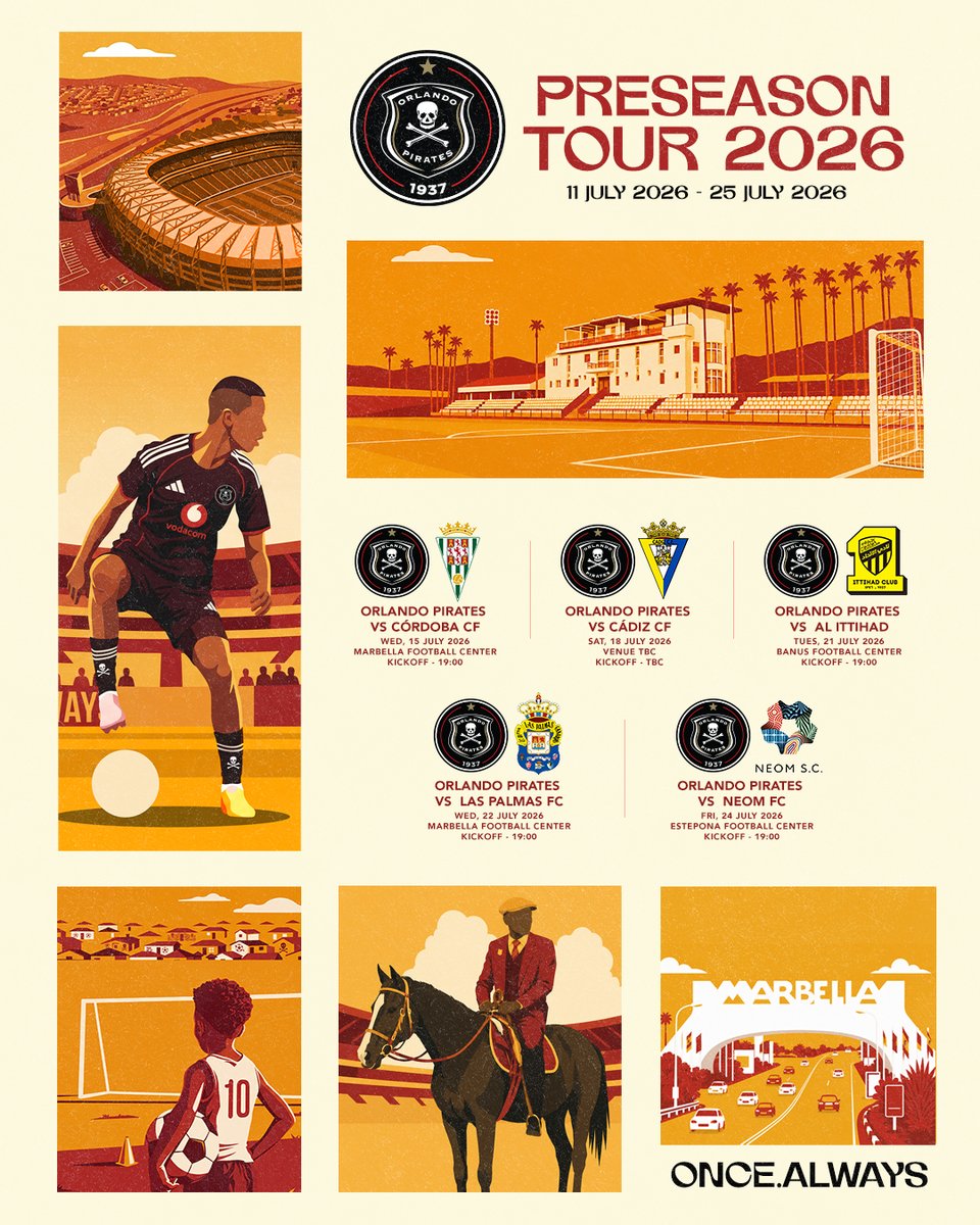 orlandopirates's tweet photo. 🇪🇸 𝐏𝐑𝐄-𝐒𝐄𝐀𝐒𝐎𝐍 𝐓𝐎𝐔𝐑 𝟐𝟎𝟐𝟔

Our 2026 Pre-Season Tour awaits as we take on five opponents in 📍 Marbella, Spain.

🇪🇸 @CordobaCF_ofi 
🇪🇸 @Cadiz_CF 
🇦🇪 @ittihad 
🇪🇸 @udlaspalmasof 
🇸🇦 @NEOMSportsClub 

⚫⚪🔴⭐
#OrlandoPirates
#OnceAlways https://t.co/hHY1mavqNN