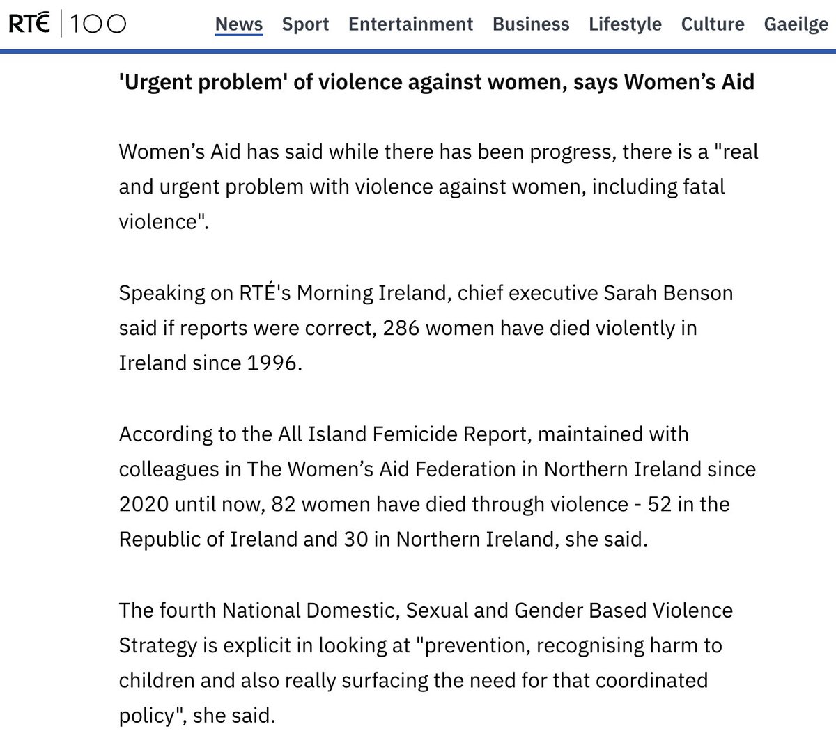 EoinLenihan's tweet photo. Jamey Carey Misinformation Fact-check.

Following the usual pattern after an immigrant murders a woman in Ireland, most major national news outlets have today extensively quoted leftist NGO Women's Aid in their reporting of Jamey Carey. 

Throughout these reports, Women's Aid CEO Sarah Benson lays the blame generically on 'misogyny' with the implication the issue is with Irish men and away from the obvious issue - violent migrant crime caused by two decades of reckless open-border policies by FF/G and with backing by all others to their left.

But, as usual, the propaganda doesn't stack up. So far this year in Ireland - by Women’s Aid’s own figures - 7 women have been murdered.

Scarlett Faulkner was murdered by a woman and a youth whose identity cannot be revealed as she’s a minor. So this is not a case of misogyny.

Linda Costello was murdered by an unknown person. One suspect was arrested and later released. No nationality is known, misogyny can't be inferred.

Eastern European woman Milena Ostojic was killed by her son Dubravko Ostojic.

Yveta Donovalova was a Czech woman who was killed by her husband Tomas Marvanek who is also Czech.

Masuma Sohrabi was brutally murdered by her estranged partner. Both were Iranians claiming asylum in Ireland.

Noreen Daly was killed by Finn Yowell an Irish man.

Adina Costantin, a Romanian woman was allegedly murdered by her husband, Eugen Constantin.

This means by Women’s Aid’s own numbers for this year, out of 7 murders of women, only one can be credited to an Irishman. One is by female murderers and one is unknown. 

That leaves 4 - more than half - that were committed my immigrants. "Misogyny", particularly of the Irish variant, is not the problem facing Irish women. Women's Aid, politicians and the national media will go to any length to avoid that truth.