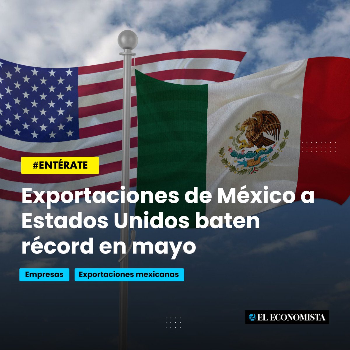 eleconomista's tweet photo. 👀 Por si te lo perdiste | México rompió récord de exportaciones hacia Estados Unidos, consolidándose como su mayor socio comercial. 📊 https://t.co/jpHhVHpFnt https://t.co/T7R5LL0jft