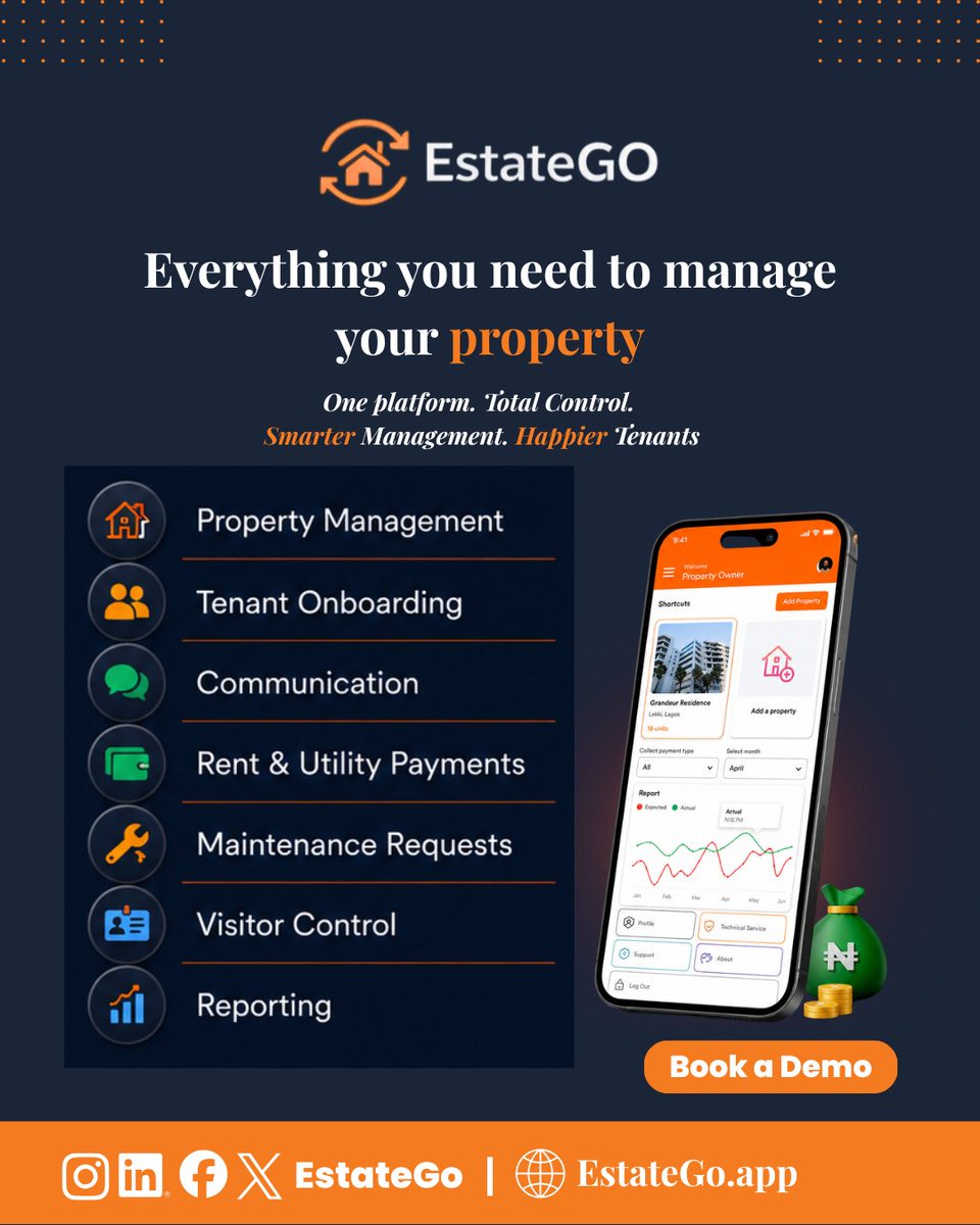 EstateGoNg's tweet photo. Still managing properties with spreadsheets, calls &amp; WhatsApp?

EstateGO is the smarter way to help Facility Managers/property owners handle tenant onboarding, rent payments, maintenance requests, visitor control  &amp; reporting  all in one platform.

Book a demo today 📲
#EstateGO https://t.co/Rcztf9FHgE