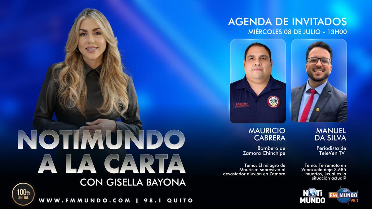 notimundoec's tweet photo. 🌎 #NotimundoALaCarta | @gisella_bayona te mantiene bien informado desde las 13:00. Hoy, con:
🎙 Mauricio Cabrera
🎙️ Manuel Da Silva
📽️ Míranos #EnVivo ➡️ https://t.co/ZY25isHS2n
📻 98.1 FM #Quito
📲 https://t.co/Crat2zIIb2 https://t.co/jgr140ZOiF