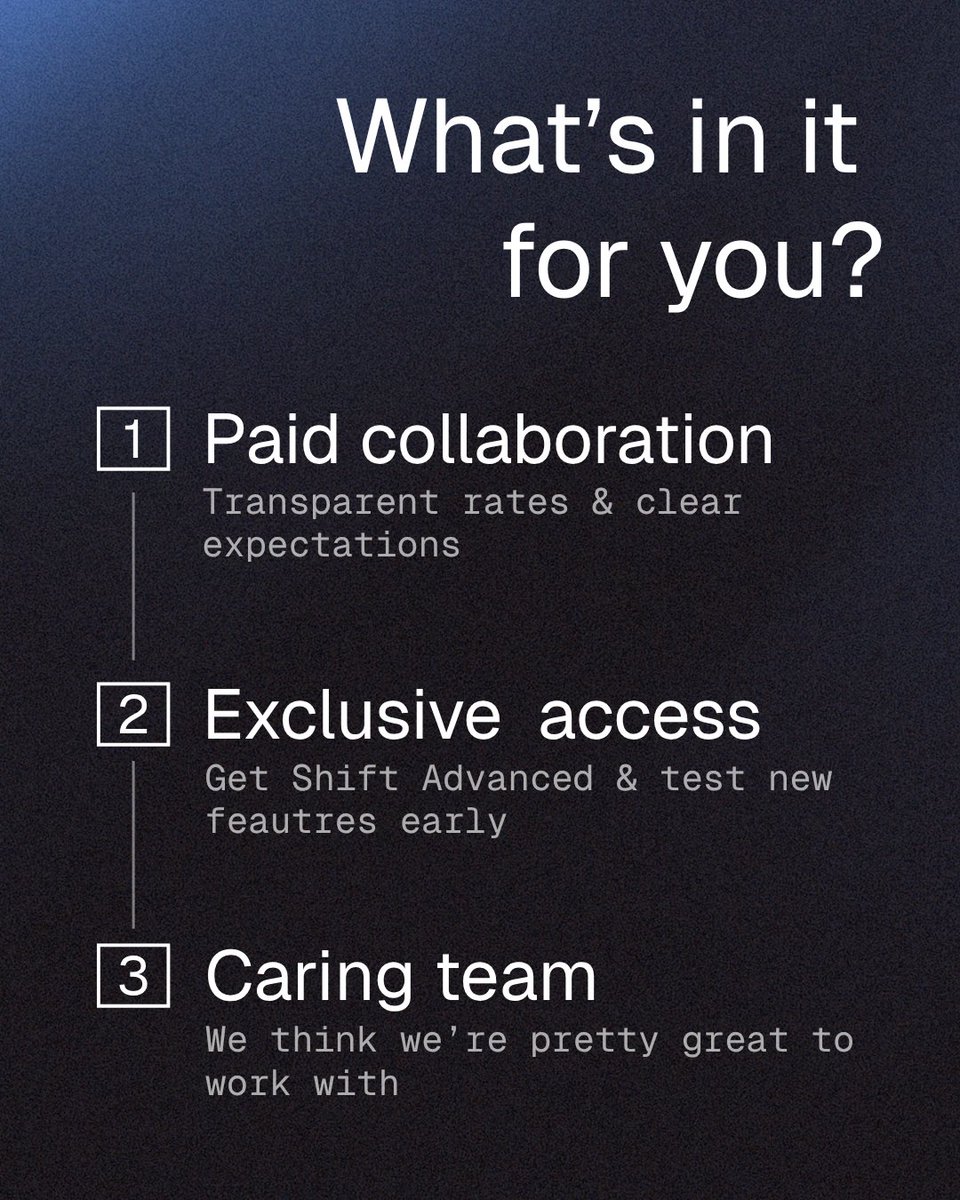 shiftbrowser's tweet photo. Calling all creators:

We’re looking to build meaningful partnerships with creators who are passionate about helping people get more out of their online lives.

Sound like you? We’d love to hear from you.

Apply here: https://t.co/tS4fKOCsxL
#ShiftBrowser #Influencer #Creator https://t.co/J4Q4EXNU0z