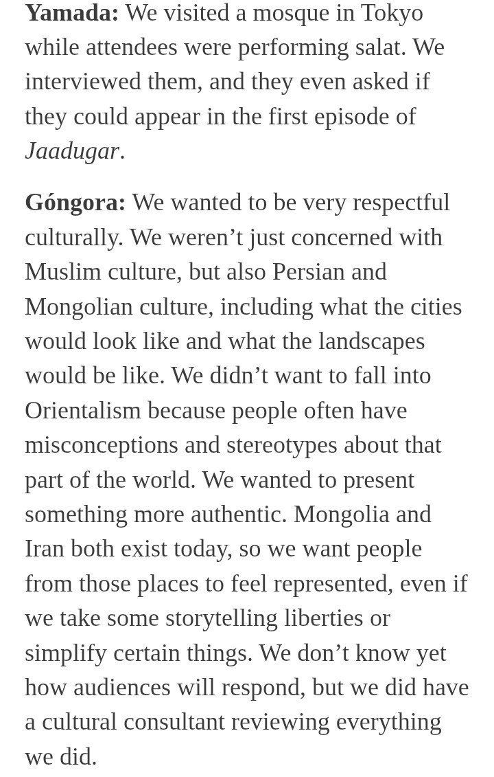 resoloser2's tweet photo. "We didn’t want to fall into Orientalism because people often have misconceptions and stereotypes about that part of the world"

"Mongolia and Iran both exist today, so we want people from those places to feel represented"

"we did have a cultural consultant reviewing everything" https://t.co/6hw1qJTUxM