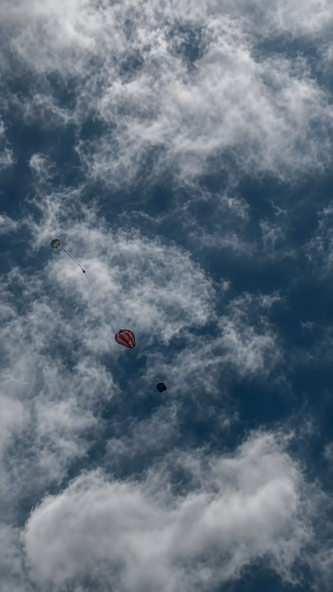 airnewsalerts's tweet photo. Indian Space Research Organisation (@isro) has successfully conducted a critical Integrated Main parachute Airdrop Test (IMAT) for the #GaganyaanMissions at the Aerial Delivery Research and Development Establishment (ADRDE) drop zone in Sheopur, Madhya Pradesh. 

ISRO said that the objective of the test was to qualify the Main Parachute for its structural integrity and design margins under the maximum expected load conditions in the first uncrewed Gaganyaan G1 mission.

ISRO highlighted that this is the 5th test in a series of Integrated Main parachute Airdrop Tests (IMAT) to qualify the critical Main Parachute for the Gaganyaan Mission.