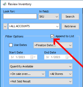 RJFSOFT's tweet photo. Consignment Software:  To create a list of inventory of several SKUs, checkmark the "Append to List" option.
https://t.co/8miVlqsxCf

#software #consignor #pos #consignment #thrift #resale #thrifting #resellers #resellercommunity #consigning #consign #recycledfashion #reselling https://t.co/xzxyUWQ4ZM