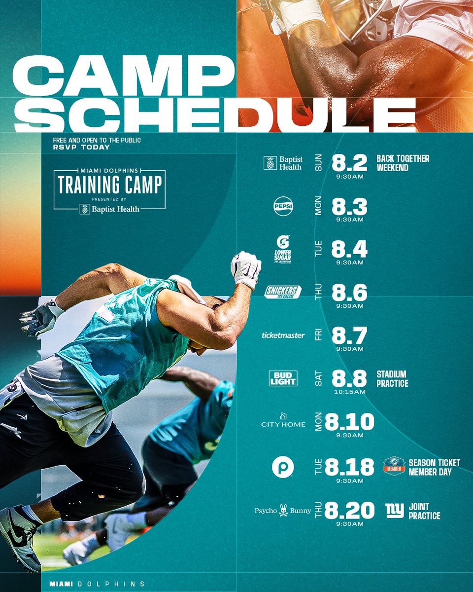 MiamiDolphins's tweet photo. Our Training Camp dates are set. See you soon! ⛺️😁

RSVP » https://t.co/VX8idolxLZ https://t.co/gpuyoDHgkv