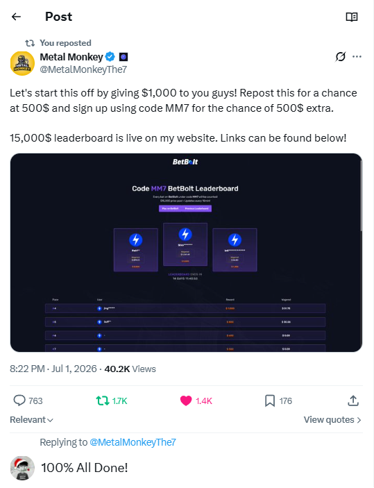 novahubss's tweet photo. Betbolt: novahub (Under your code MM7)

100% All Done!

Been following and supporting for a long time. I Really appreciate the opportunity, and I’m hoping luck finally finds me this time

Big respect for rewarding the community from day one. Thank you @MetalMonkeyThe7 

Proof of doing the tasks: