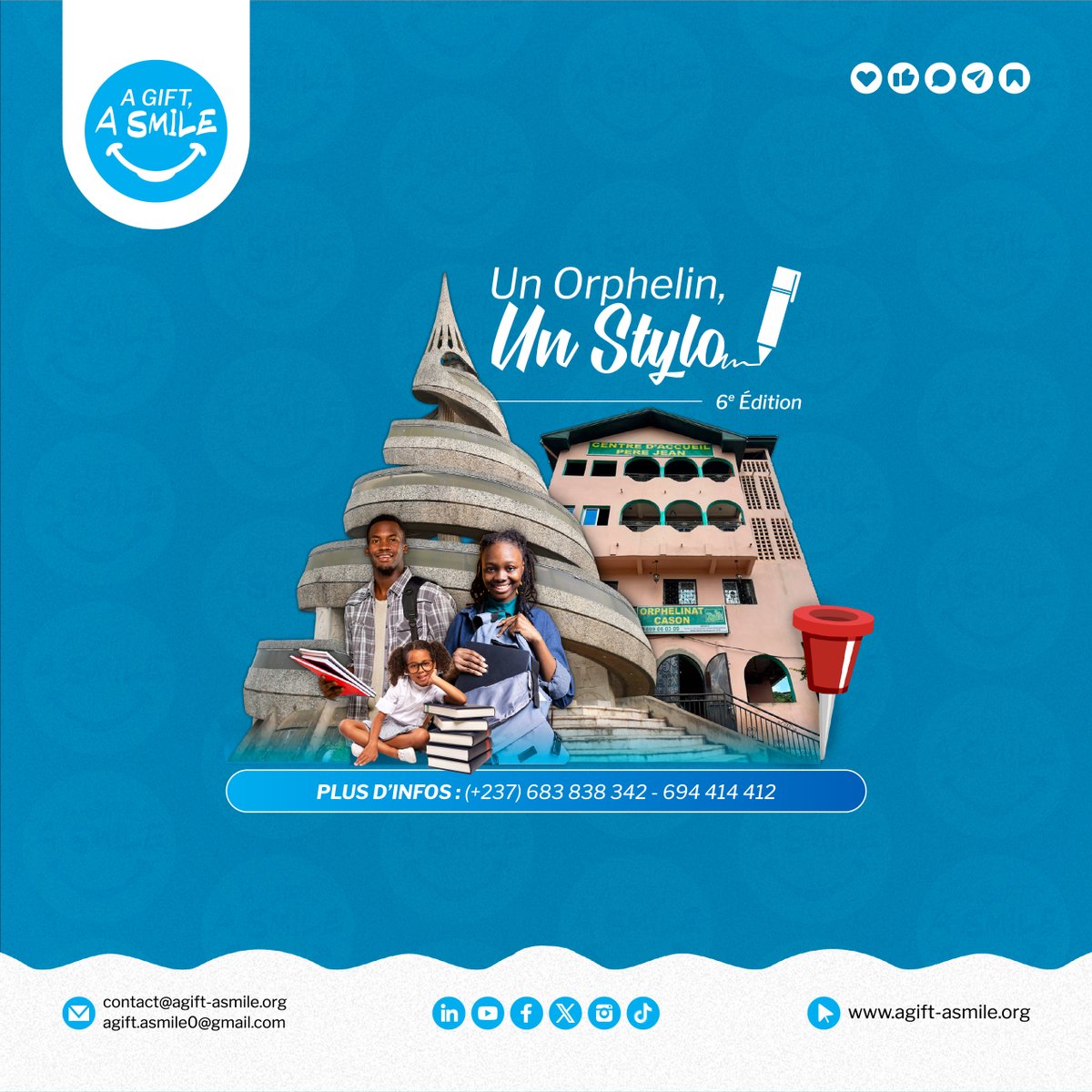 agift_asmile's tweet photo. 📚 Éducation : UN ORPHELIN, UN STYLO (6e Édition)
 📍 Yaoundé, nouvelle route Nkoldongo (Derrière église EEC).
🏠Orphelinat CASON

Pour plus d'informations :
📲: (+237) 683 838 342 - 694 414 412
📩: contact@agift-asmile.org
🌐: https://t.co/AegmRsPSCE https://t.co/FmEDhgW2WI