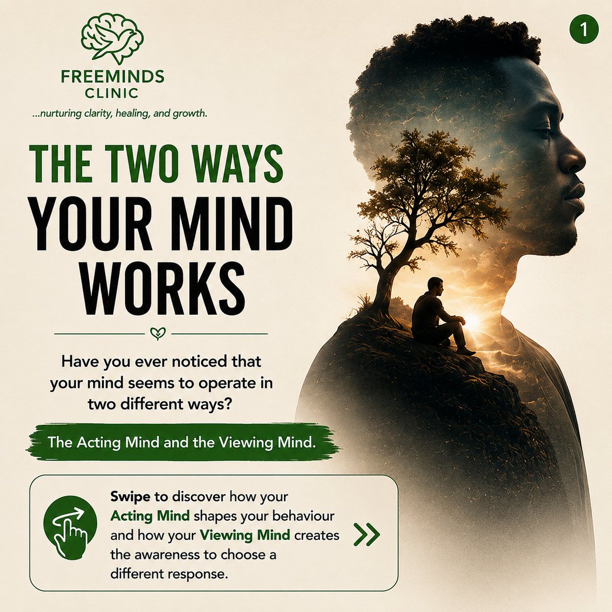 FreemindsClinic's tweet photo. Your mind tells stories.

Not every story is true.

The Acting Mind reacts.

The Viewing Mind observes.

Healing begins when we stop asking,

"Why am I thinking this?"

&amp; start asking,

"Who is noticing this thought?"
👇 Swipe through.

#MentalHealth #Psychology #SelfAwareness https://t.co/2sv2yZI2Od