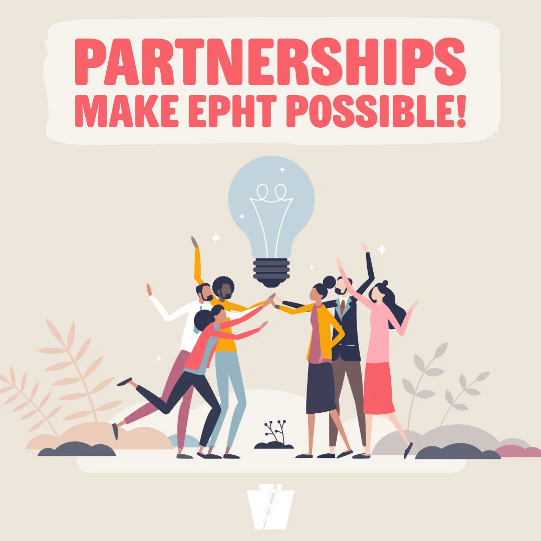 Diverse group of people joining hands under a glowing light bulb symbolizing partnership and collaboration for EPHT.