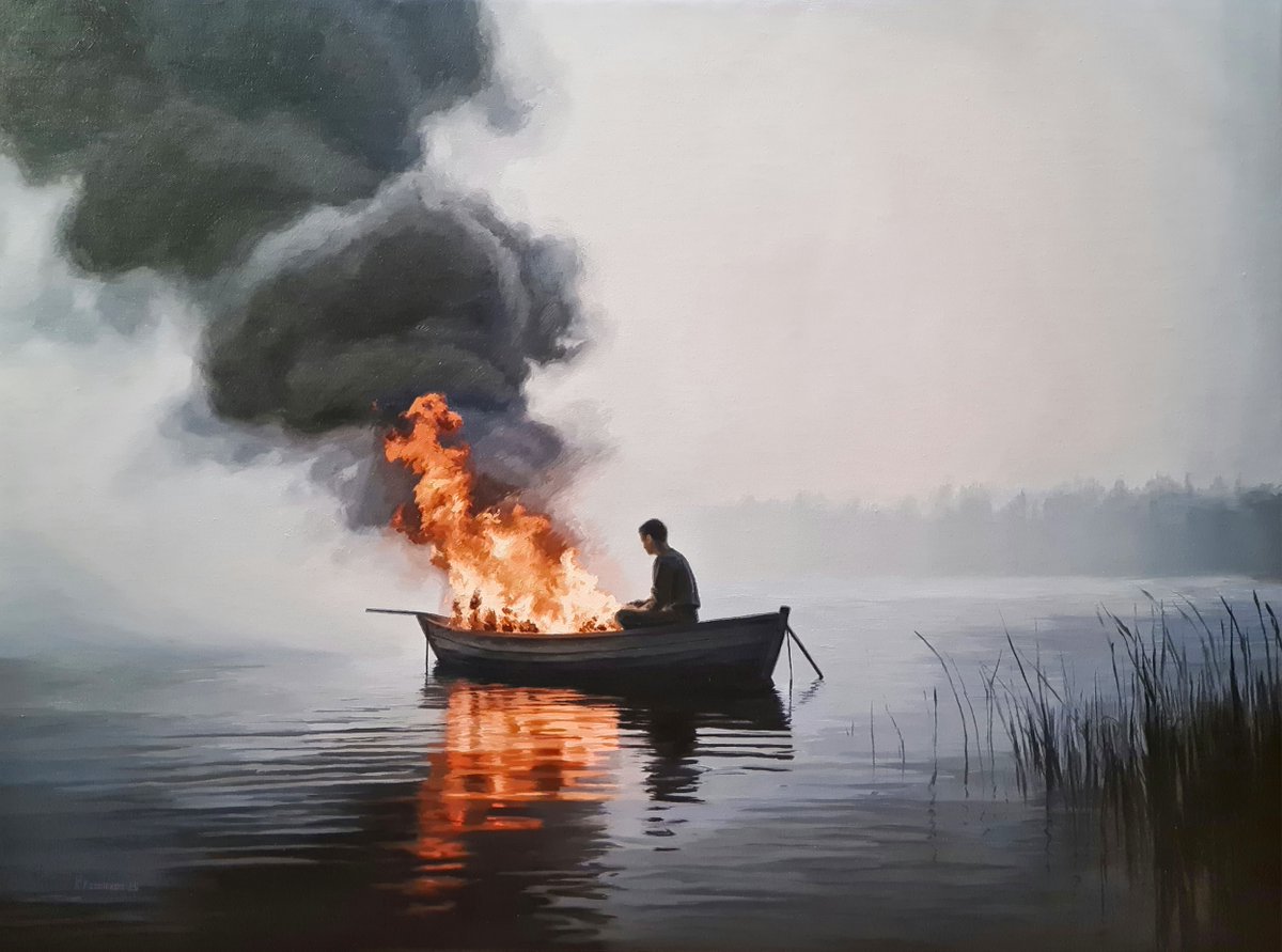 polmastersofart's tweet photo. Karol Kędzierski - Bryza (olej na płótnie, 60 x 80 cm), 2025. #YoungMasters #PolishMastersofArt
______
* "Malarstwo mimetyczne i przedstawiające jest odzwierciedleniem świata widzialnego. Rzeczywistość, która nas otacza, nie jest jednak jedynie tym, co widzimy. Świat widzialny staje się dla mnie pretekstem do pokazania nowej, indywidualnej rzeczywistości, przeżywanej w danym momencie. Tematyka obrazów, choć mogłaby wydawać się niepokojąca, otwiera nas na romantyczny i egzystencjalny sposób przeżywania. Jest to refleksja nad przemijalnością ludzkiego życia, gdzie ogień jest jedynie pretekstem do pokazania kruchości i przemijalności naszej egzystencji. To symboliczne ujęcie czasu, jaki zachodzi w naszym wewnętrznym życiu. Płomień może stać się nie tylko obrazem tego, co stracone, ale również tego nowego, co może po nim powstać. Te surrealistyczne i symboliczne obrazy stają się niejako bramą do refleksji nad przemijającym światem" - Karol Kędzierski 👨🎨