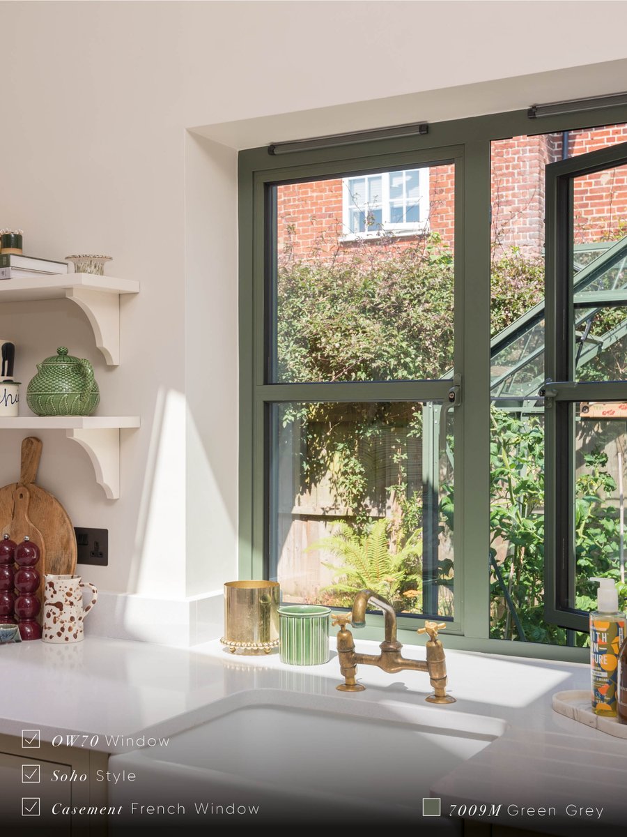 Originbifolds's tweet photo. The washing up doesn't seem quite so bad with a view like this. ✨

Sophie's beautifully styled kitchen proves that the smallest details often have the biggest impact. Her OW70 Soho window in RAL 7009M Green Grey brings character, natural light and perfectly framed views of the matching greenhouse beyond...

Finished with warm brass accents, every element works together to create a timeless country kitchen. Which detail catches your eye first?

#OriginGlobal #SteelLookWindows #KitchenDesign #CountryKitchen #InteriorInspiration