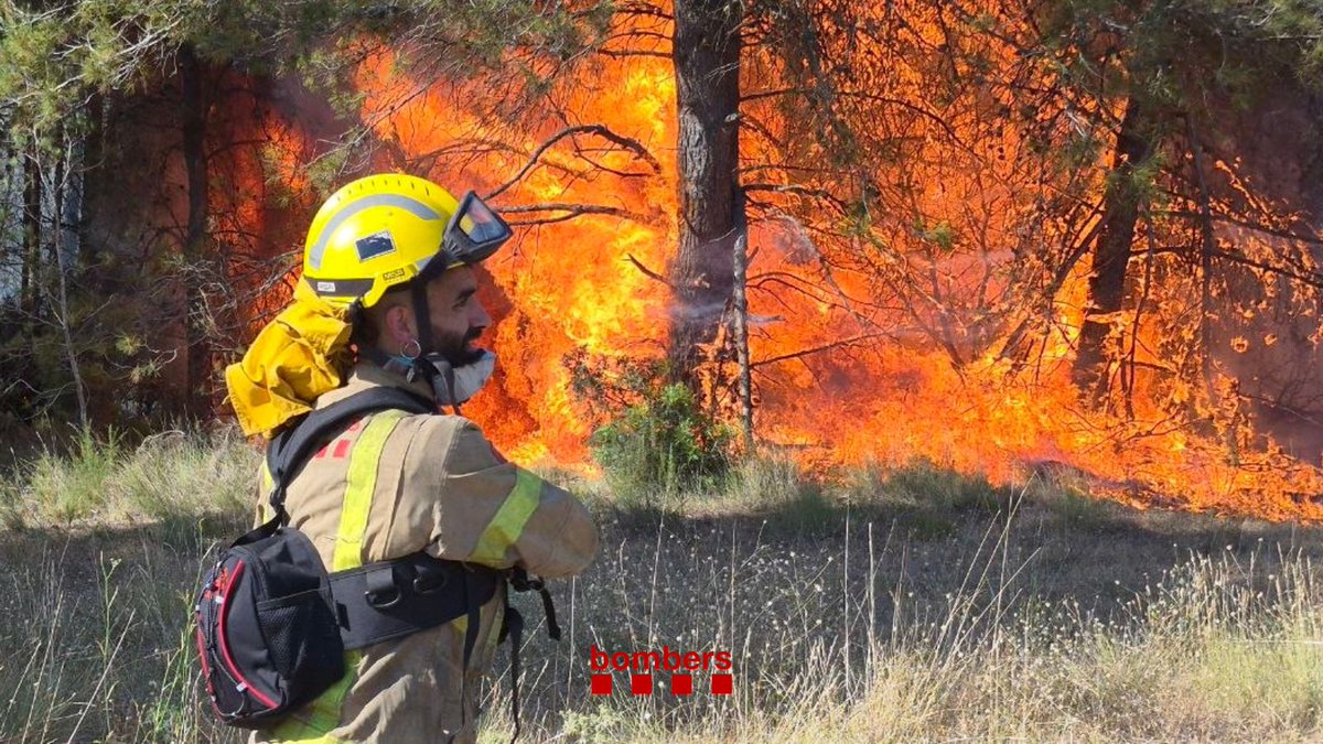 VOSTcat's tweet photo. A #IFPladeManlleu, a Aiguamúrcia, l'incendi continua actiu i anem reforçant el dispositiu d'extinció a mesura que es poden anar retirant recursos d'altres serveis.  El foc està llençant focus secundaris de la zona de la cua, a uns 20 m https://t.co/EHfdVcjDYt