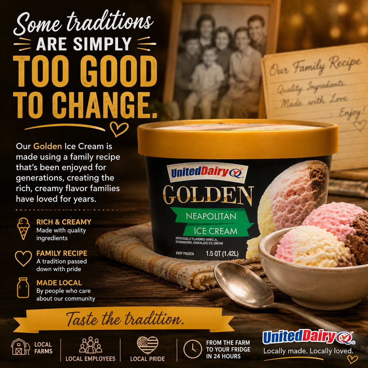 UnitedDairyInc's tweet photo. Our Golden Ice Cream is made using a family recipe that's been enjoyed for generations, creating the rich, creamy flavor families have loved for years. #GoldenIceCream #UnitedDairy #FamilyRecipe #MadeLocal https://t.co/UlSKcHiuCm