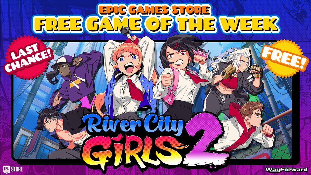 WayForward's tweet photo. The FREE River City Girls 2 offer on the Epic Games Store ends early tomorrow! Hit the streets with Misako &amp; Kyoko &amp; friends and add this open-world beat-'em-up to your permanent library for the low, low price of nothing! https://t.co/yjr21QEG4Z