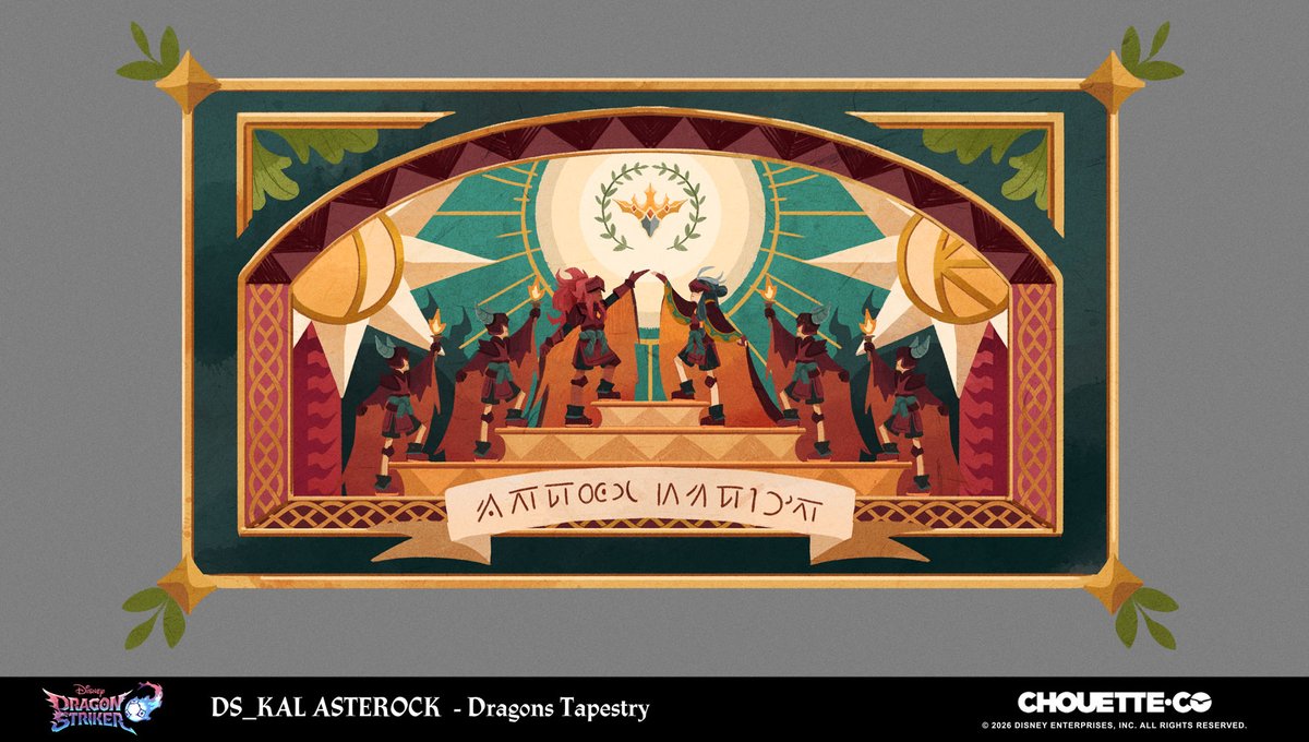 Lilblueorchid's tweet photo. You've seen a lot of my fanarts, but here is some of my actual work on #dragonstriker!

Theses are concept art for frescos &amp; tapestries in Kal Asterock. Big thank you to the worldbuilding team and to my director, Charles Lefebvre for his guidance! https://t.co/G5cgXvMZph