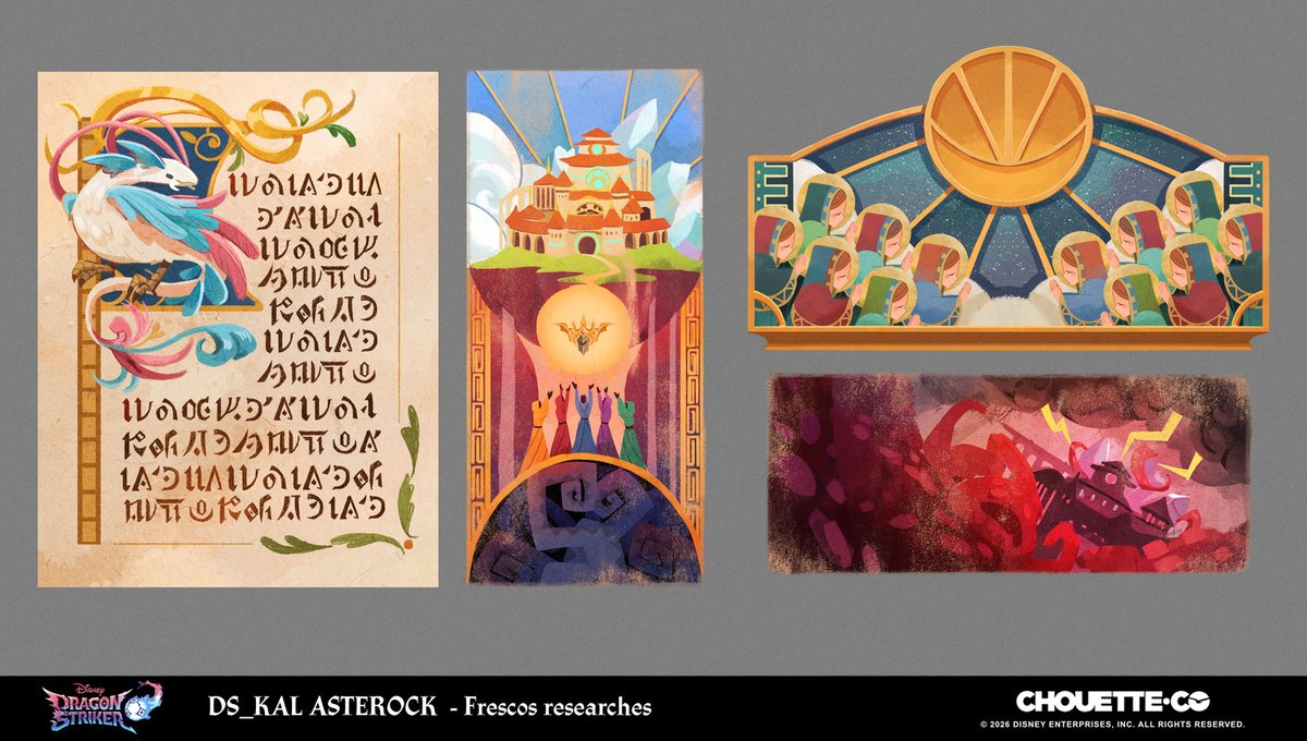 Lilblueorchid's tweet photo. You've seen a lot of my fanarts, but here is some of my actual work on #dragonstriker!

Theses are concept art for frescos &amp; tapestries in Kal Asterock. Big thank you to the worldbuilding team and to my director, Charles Lefebvre for his guidance! https://t.co/G5cgXvMZph
