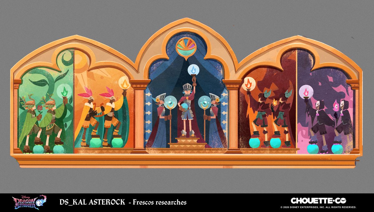 Lilblueorchid's tweet photo. You've seen a lot of my fanarts, but here is some of my actual work on #dragonstriker!

Theses are concept art for frescos &amp; tapestries in Kal Asterock. Big thank you to the worldbuilding team and to my director, Charles Lefebvre for his guidance! https://t.co/G5cgXvMZph