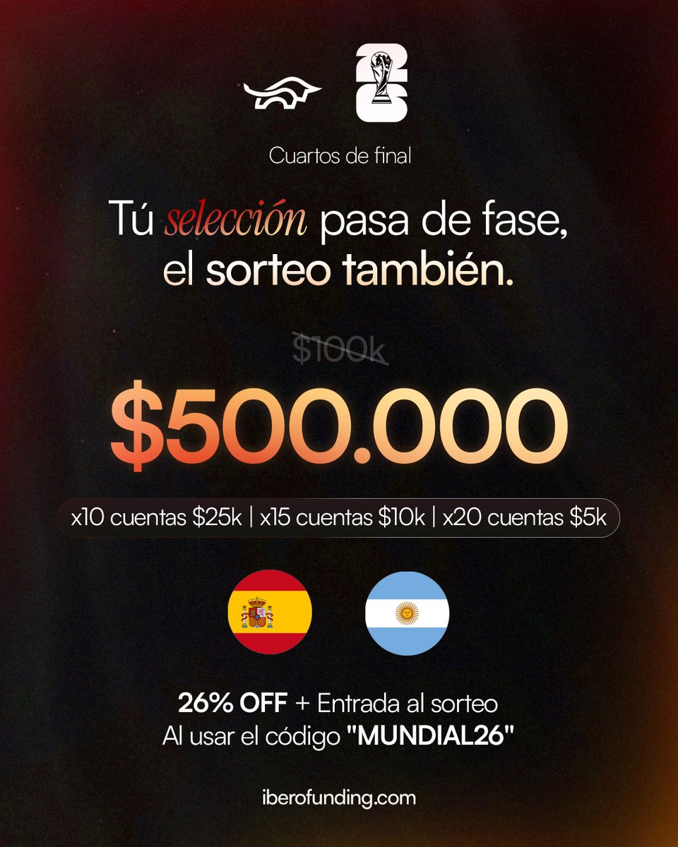IberoFund's tweet photo. Cuartos de final. El sorteo sigue creciendo.

España y Argentina pasan de fase, y el bote sube.

$500.000 a sortear.

-x10 cuentas $25K
-x15 cuentas $10K
-x20 cuentas $5K

Usa el código MUNDIAL26 y llévate:

26% OFF en tu challenge + entrada automática al sorteo. https://t.co/mYpUMH3DMb